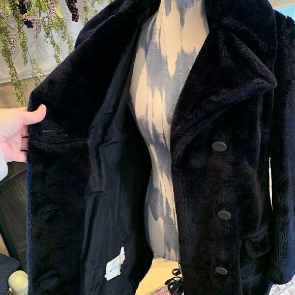 Lady Barry Vintage black faux fur double breasted coat with taffeta lining M - Picture 9 of 13